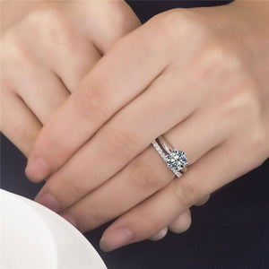 Amazing! Luxury 1.5Ct Zircon Rings Set Solid White Tibetan Silver Wedding Band Set for Women Stackable Ring Allergy Free Jewelry
