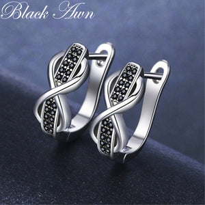 Black Awn New Silver Color Round Black  Spinel  Bow Hoop Earrings