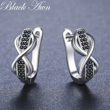 Black Awn New Silver Color Round Black  Spinel  Bow Hoop Earrings