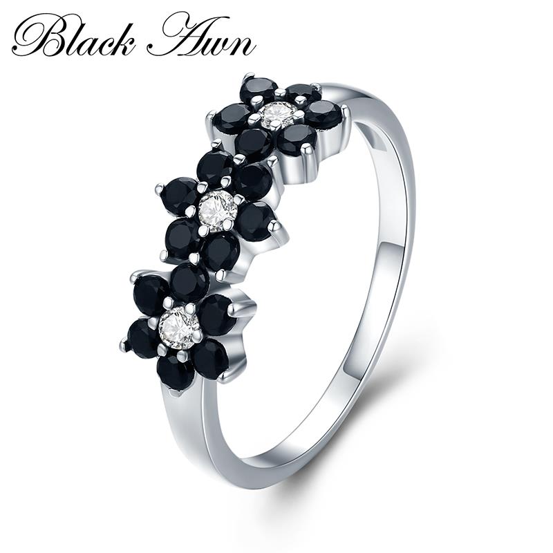 Cute Silver Color Jewelry Flower Bague Black  Rings