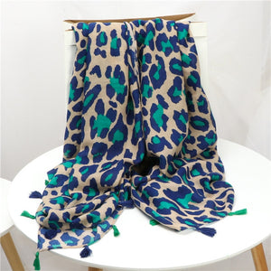 Women Fashion Brand Leopard Dot Tassel Viscose Shawl Scarf
