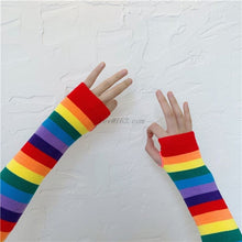 Elbow Length Fingerless Gloves Arm Sleeve Warmer Rainbow Colored Striped Knitted Sunscreen Halloween Costume Fingerless Mittens