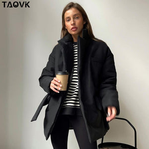TAOVK New Short Winter Parkas Women Warm Down Cotton Jacket  Female Casual Loose Outwear  A Belt Cotton-padded Coat