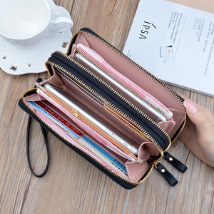 Double Zipper Women Wallet PU Leather Red/blue/pink/black Card Holder Long Female Wallet Color Matching Cellphone Bag