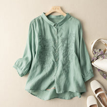 New Arts Style Women 3/4 Sleeve Turn-down Collar Loose Shirts Vintage Embroidery Cotton
