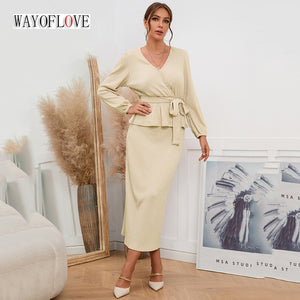 WAYOFLOVE Autumn Winter Elegant Two Piece Sets Womens Outifits V Neck Long Sleeve Tops And Long Skirt Women Knitted Women's Suit
