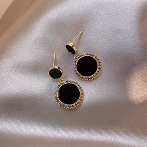 Vintage  Black Crystal Round Pendant  Zircon Drop Earrings