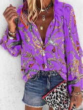 New Design Women Blouse V-neck Long Sleeve Chains Print Loose Casual  Blouse