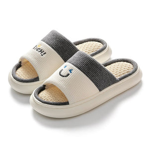 New Summer Spring Slippers Couples Home Floor Slides Flax EVA Sole Open Toe Cute Cartoon Smile Indoor House Shoes Women Men