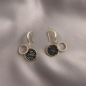 Vintage  Black Crystal Round Pendant  Zircon Drop Earrings