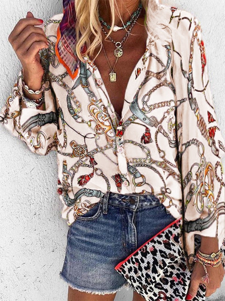 New Design Women Blouse V-neck Long Sleeve Chains Print Loose Casual  Blouse