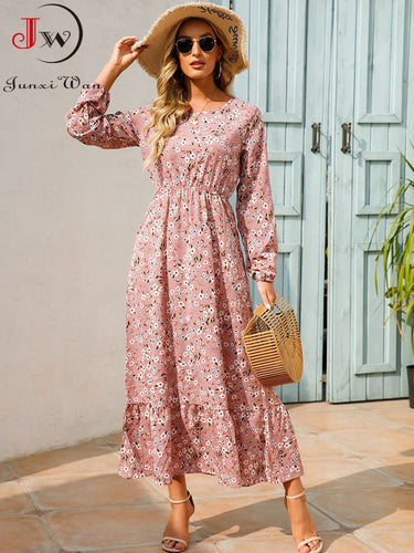 Elegant Floral Printed Long Dresses  Long Sleeve Ladies  High Waist A Line  Dresses