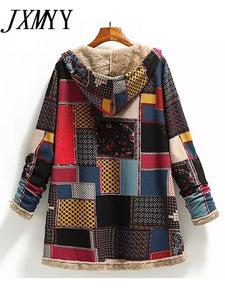 Winter Vintage Women Coat Warm Printing Thick Fleece Hooded Long Jacket with Pocket Ladies Outwear Loose Coat for Women