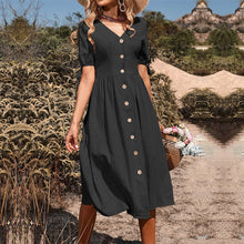 WAYOFLOVE  Cotton Linen Button Dress Elegant Short Sleeve V Neck Midi Dresses