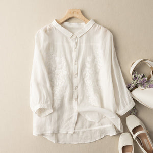 New Arts Style Women 3/4 Sleeve Turn-down Collar Loose Shirts Vintage Embroidery Cotton