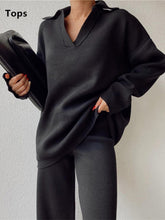 Women Solid Lapel Loose Knitted Sweater Set Cotton Sweater + Wide Leg Pants 2 Piece Suit