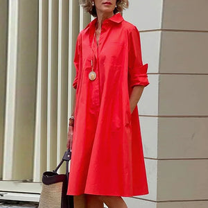 Autumn New Simple Shirt Dress Casual Solid Color Long Sleeves Fashion Turn-down Collar Elegant Pocket