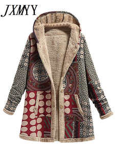 Winter Vintage Women Coat Warm Printing Thick Fleece Hooded Long Jacket with Pocket Ladies Outwear Loose Coat for Women