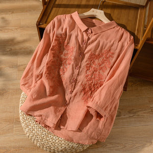 New Arts Style Women 3/4 Sleeve Turn-down Collar Loose Shirts Vintage Embroidery Cotton