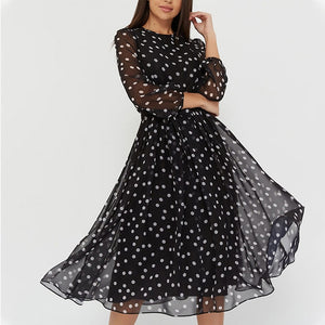 WAYOFLOVE Fashion Women Chiffon Dress Elegant Long Sleeve Printed Lace Polka Dots