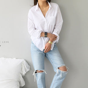 Women Shirts and Blouses Long Sleeve Casual White Turn-down Collar
