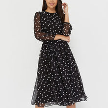 WAYOFLOVE Fashion Women Chiffon Dress Elegant Long Sleeve Printed Lace Polka Dots